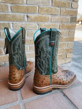 HP Men's Brown Ostrich & Dark Green Western Boots with Teal Trim 11EE